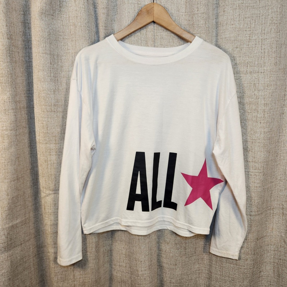 Converse Long Sleeve Shirt Youth Girls XL White/Pink Cropped‎ Loose Logo Skater